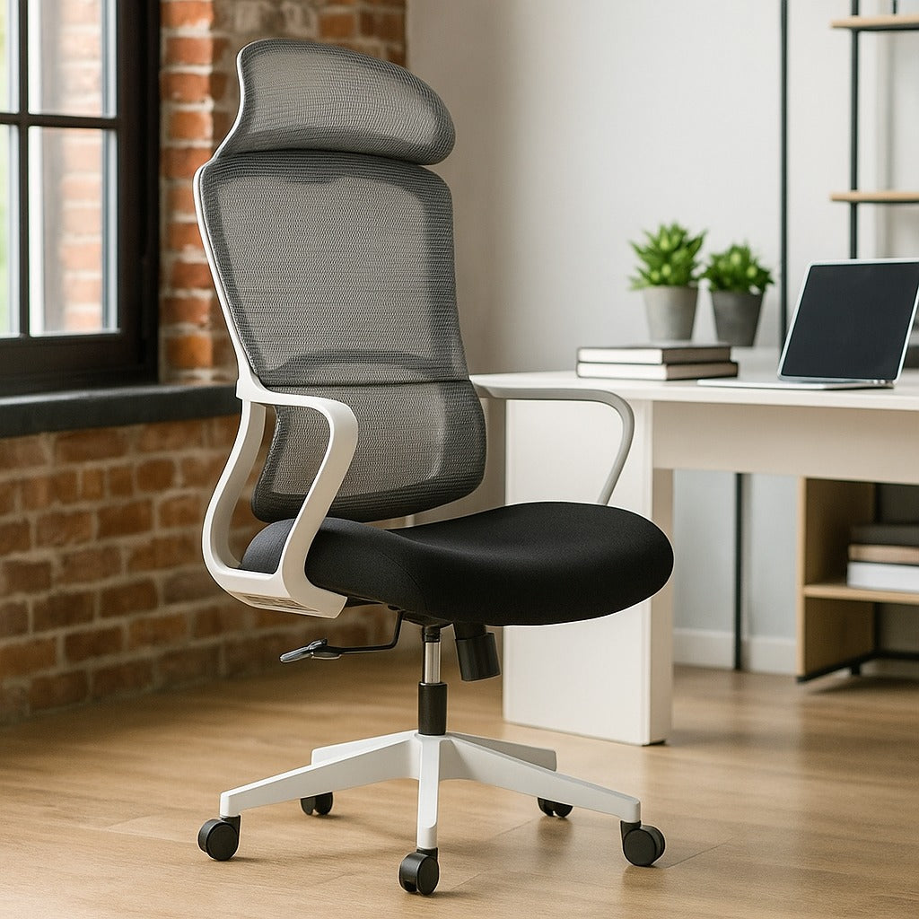 Spade H/B High Back Mesh Ergonomic Chair – Adjustable Headrest, Full-Length Back Support, and White Frame Design | Perfect for Executive and Home Office Use