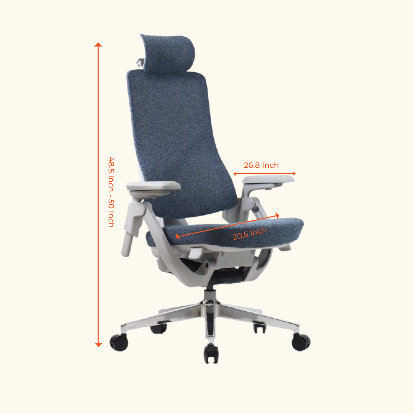 Gravity Ergonomic Executive Chair – High Back Office Chair with Cushioned Support, Adjustable Armrests, Headrest & Seat Tilt | Premium Fabric Finish with Aluminum Base